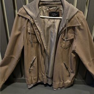 Tan Faux Leather Jacket with Hoodie